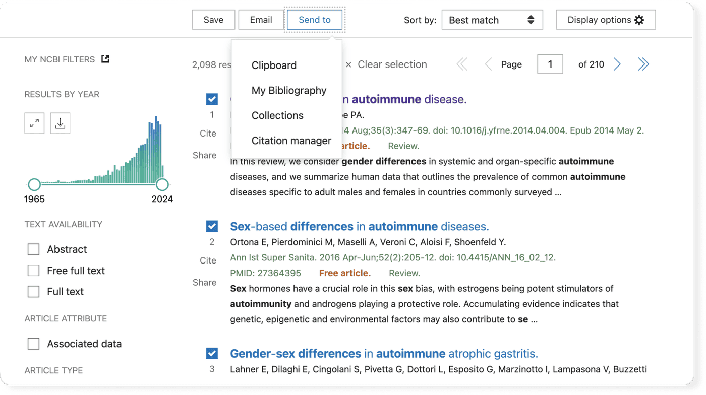 PubMed export button on search results page